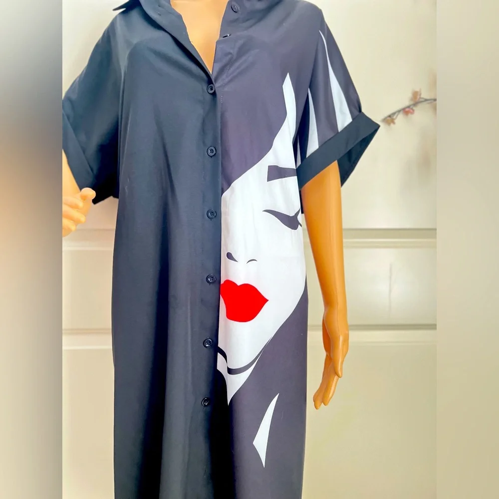 New SHEIN LUNE Figure Graphic Batwing Sleeve Shirt Dress - Picture 9 of 14